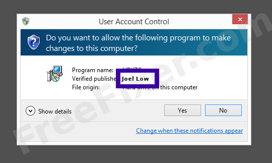Screenshot where Joel Low appears as the verified publisher in the UAC dialog